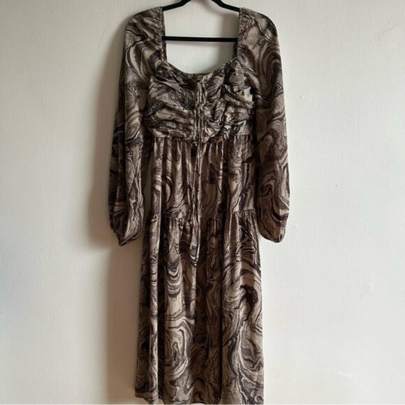 Moon River Sz L Marble Tiered Smocked Long Sleeves Bohemian Midi Dresss - Picture 2 of 11